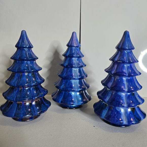 3 HANDCRAFTED Upcycled Blue Holiday Trees HANDPAINTED Tabletop Art Decor Artwork - Picture 3 of 12